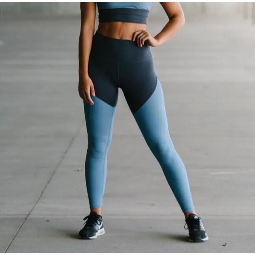 ZYIA Active Blue & Gray Storm Parallel Luxe High Rise Leggings Size 12
